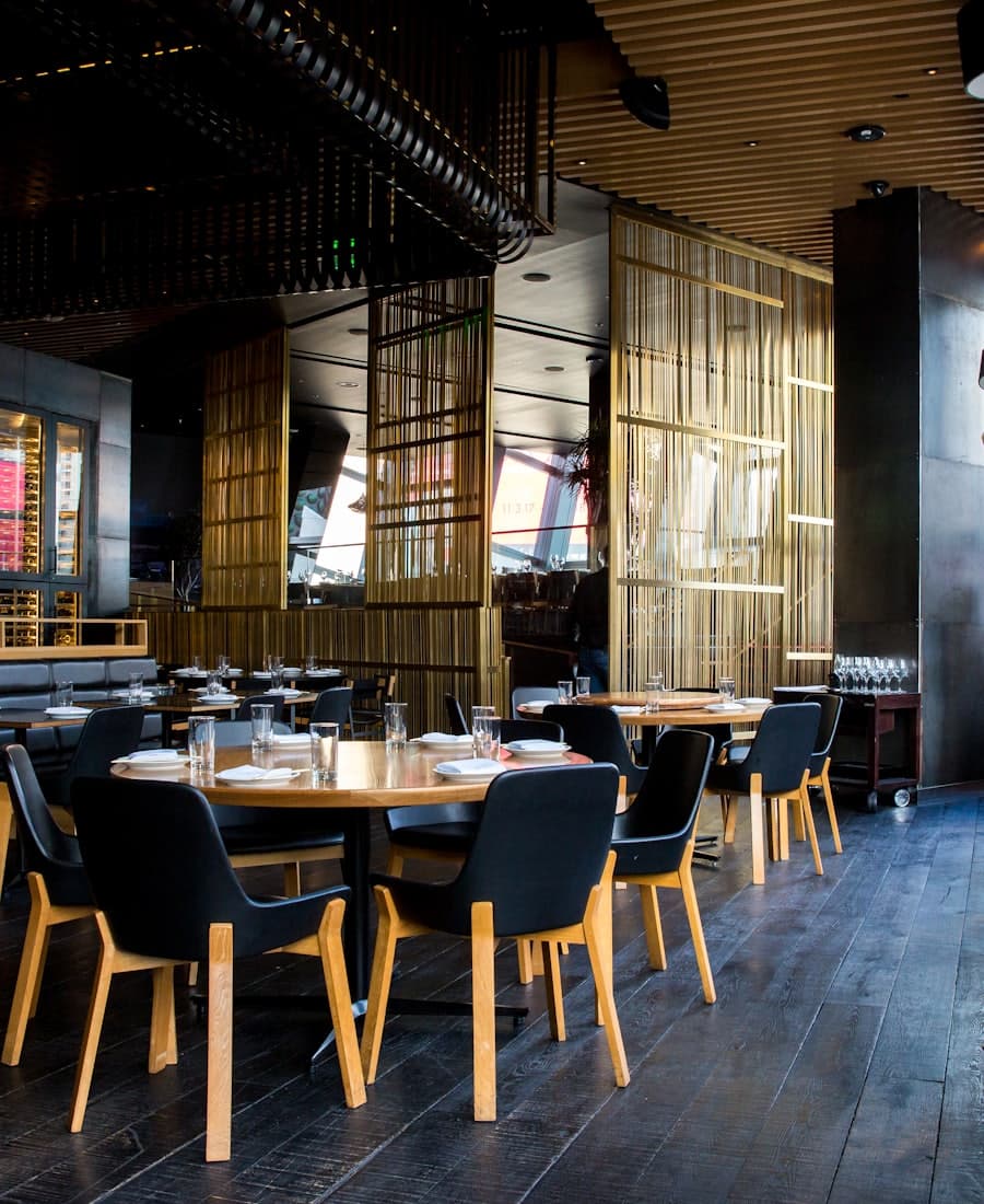 Restaurant dining room set for service